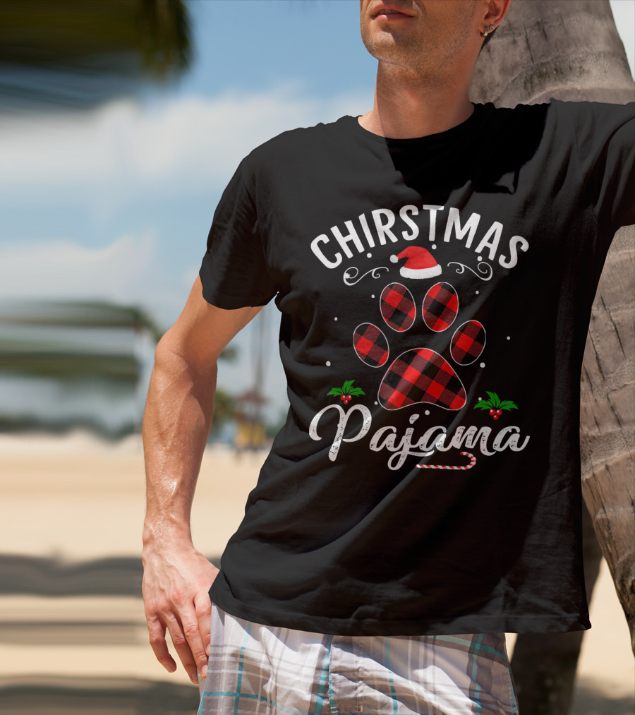 Buffalo Plaid Christmas Pajama Paw Holiday Hat T-Shirt