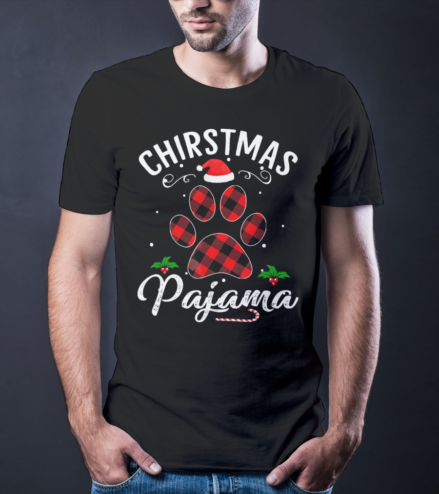 Buffalo Plaid Christmas Pajama Paw Holiday Hat T-Shirt