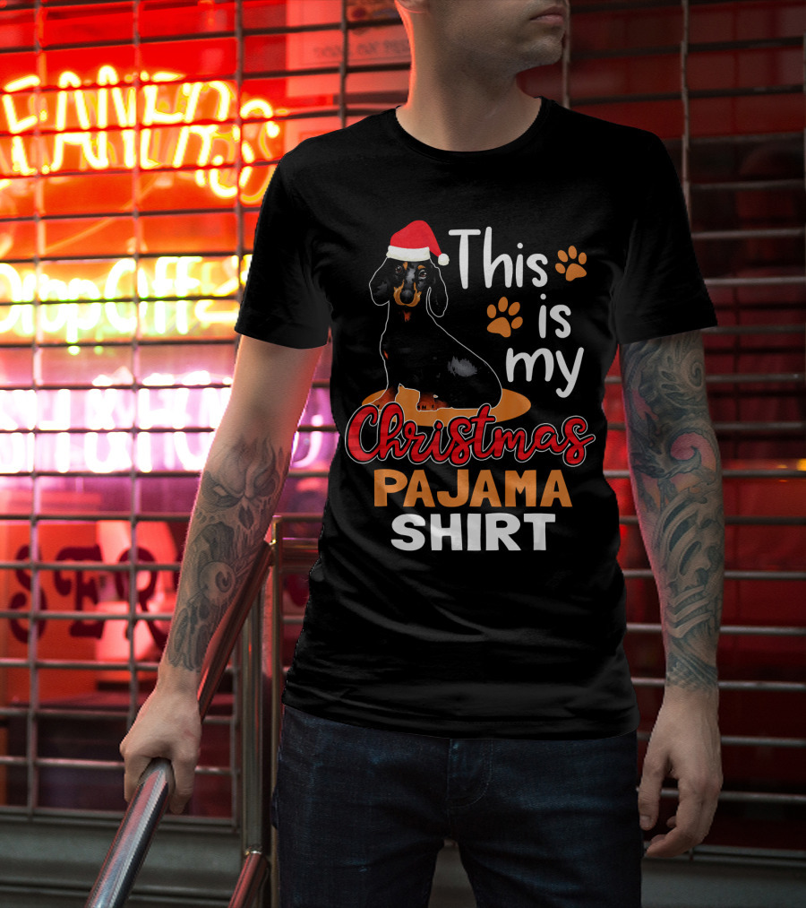 This Is My Christmas Pajama Shirt Dachshund Santa Hat Paw Prints T-Shirt