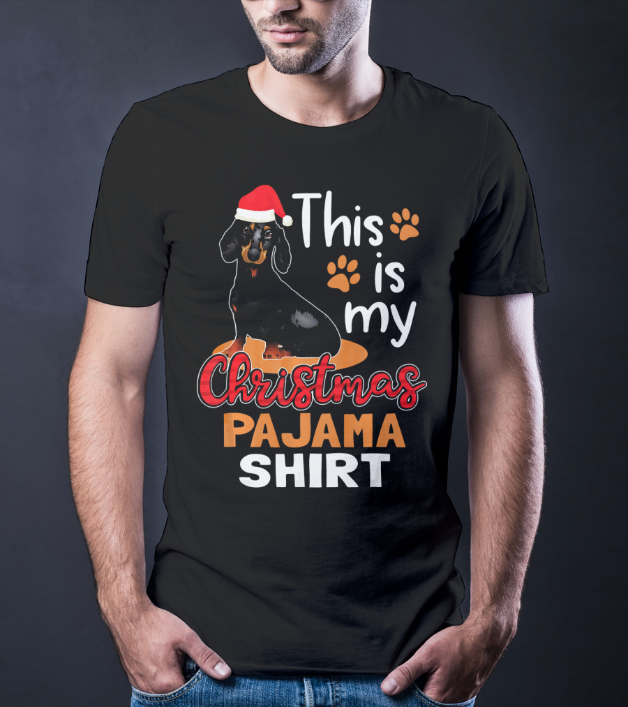 This Is My Christmas Pajama Shirt Dachshund Santa Hat Paw Prints T-Shirt