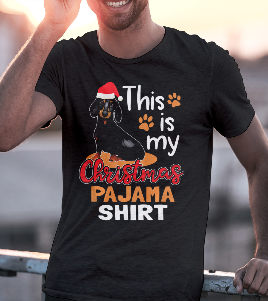 This Is My Christmas Pajama Shirt Dachshund Santa Hat Paw Prints T-Shirt