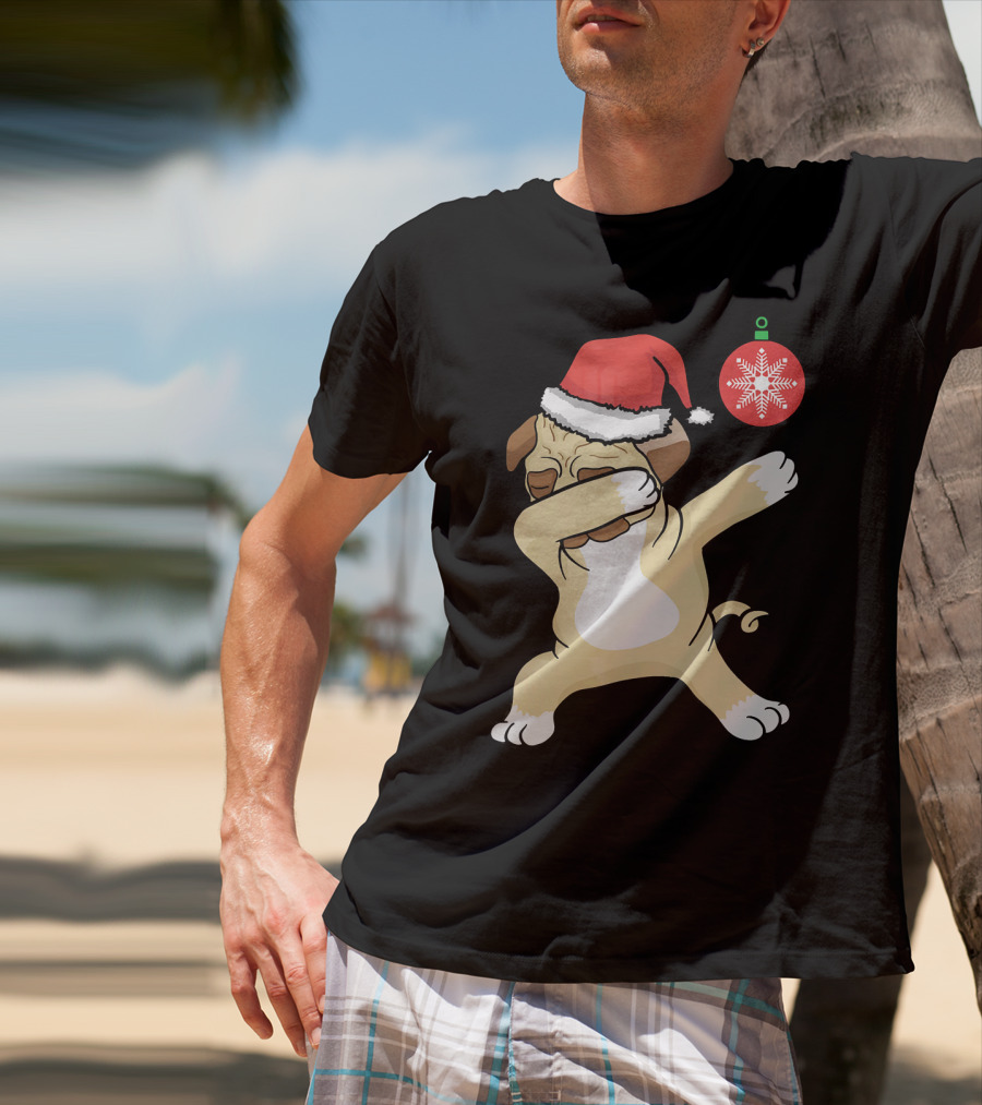 Christmas Pug Dabbing With Santa Hat And Red T-Shirt