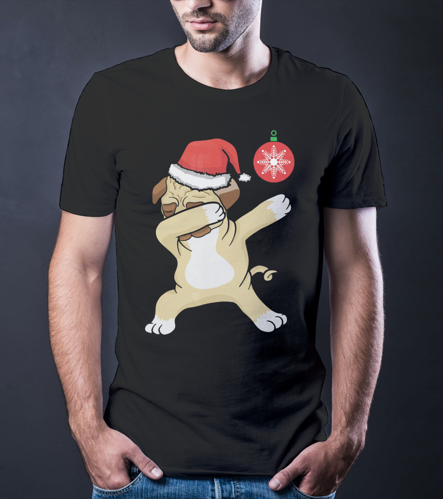 Christmas Pug Dabbing With Santa Hat And Red T-Shirt