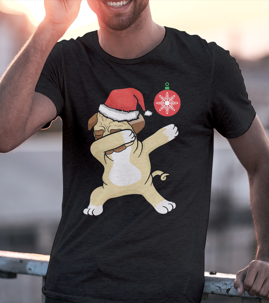 Christmas Pug Dabbing With Santa Hat And Red T-Shirt