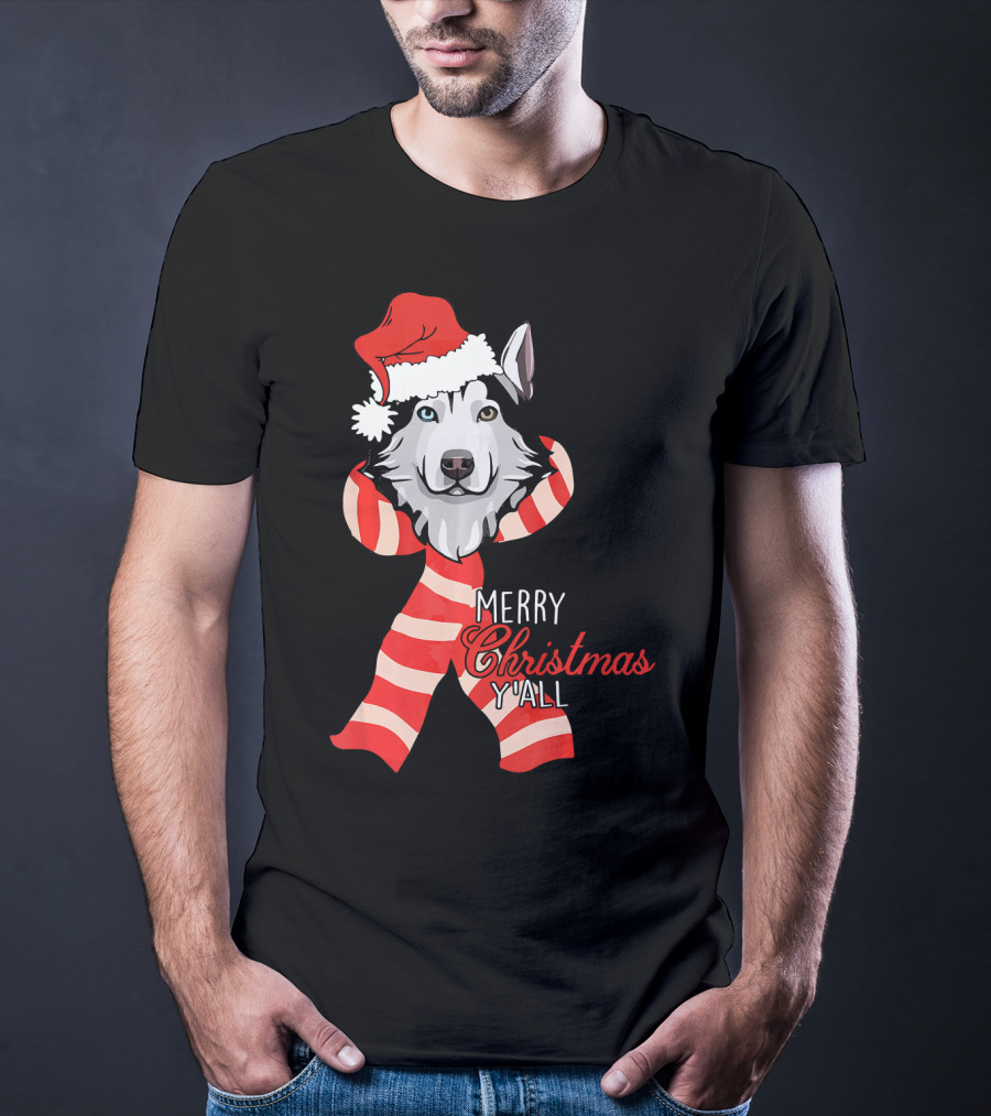 Merry Christmas Y'all Husky Dog In Santa Hat And Scarf T-Shirt