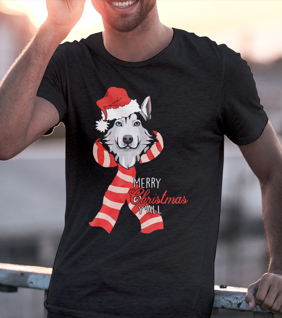 Merry Christmas Y'all Husky Dog In Santa Hat And Scarf T-Shirt