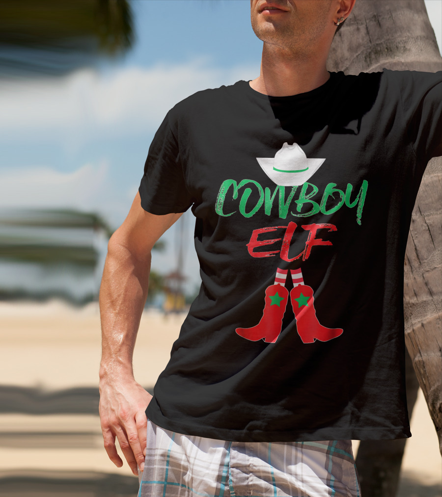 Cowboy Elf Christmas Hat Boots Men's Funny Holiday T-Shirt