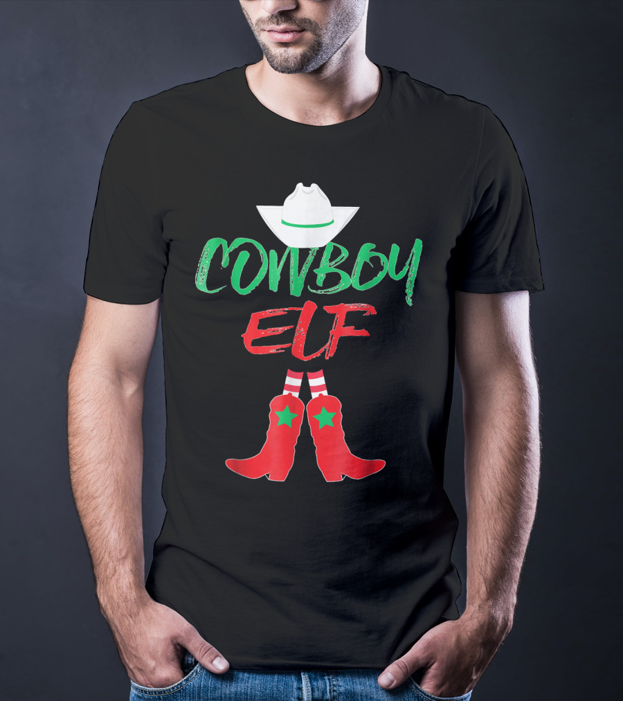 Cowboy Elf Christmas Hat Boots Men's Funny Holiday T-Shirt