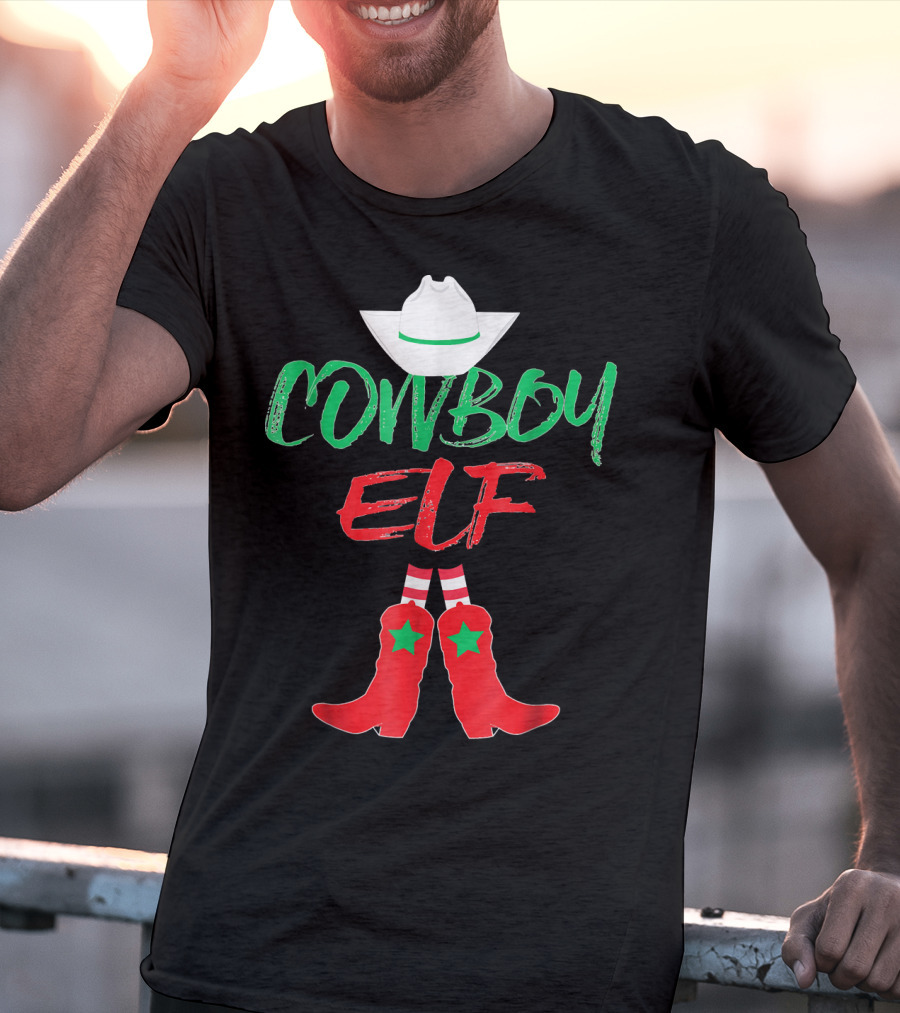 Cowboy Elf Christmas Hat Boots Men's Funny Holiday T-Shirt