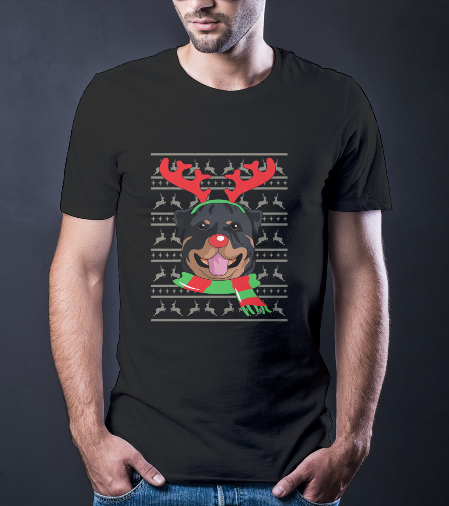 Rottweiler With Reindeer Antlers And Festive Scarf Christmas T-Shirt