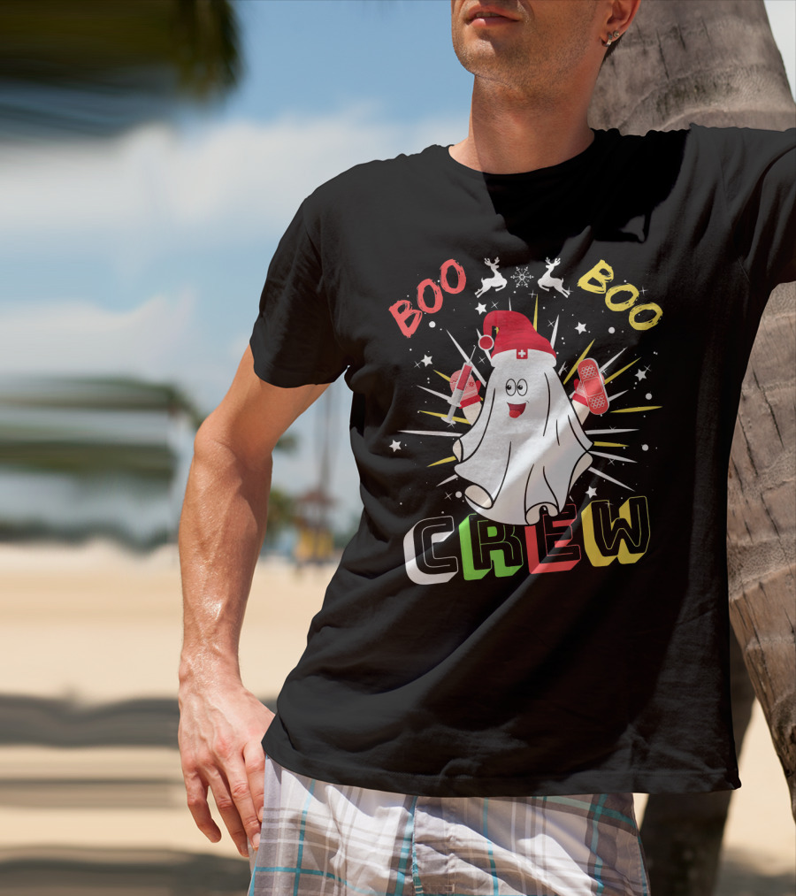 Boo Boo Crew Christmas Nurse Ghost With Bandages And Reindeer T-Shirt