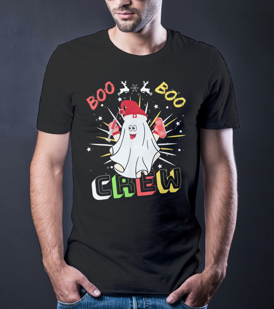 Boo Boo Crew Christmas Nurse Ghost With Bandages And Reindeer T-Shirt