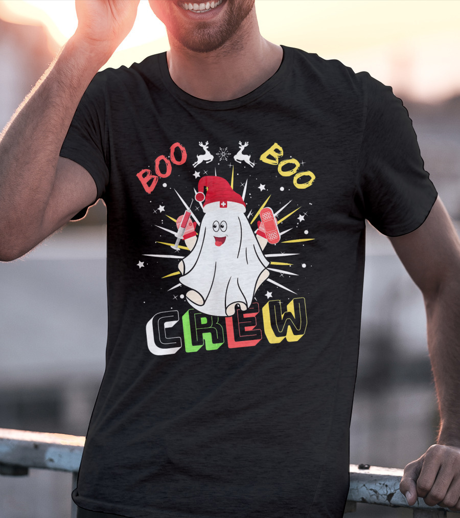 Boo Boo Crew Christmas Nurse Ghost With Bandages And Reindeer T-Shirt