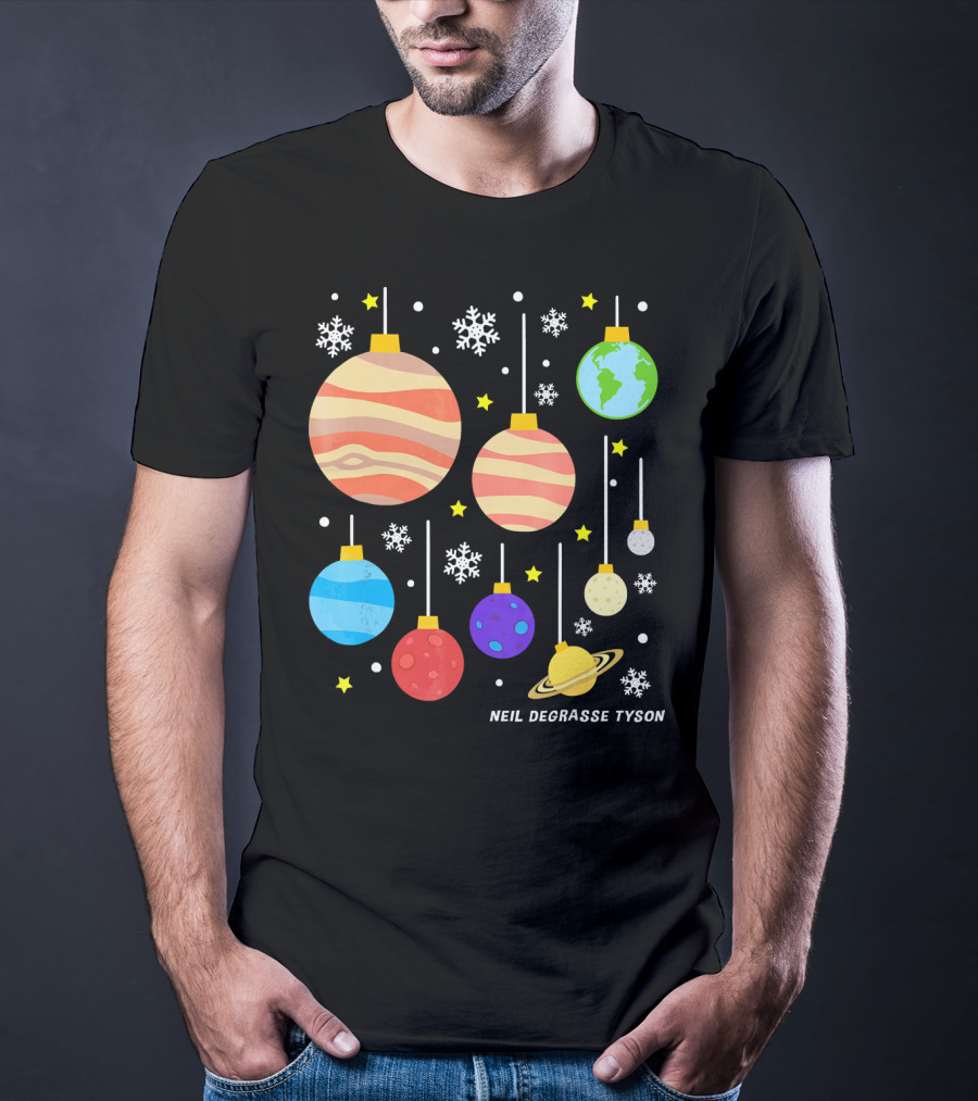 Neil DeGrasse Tyson Planets Hanging Ornaments Snowflakes Stars T-Shirt
