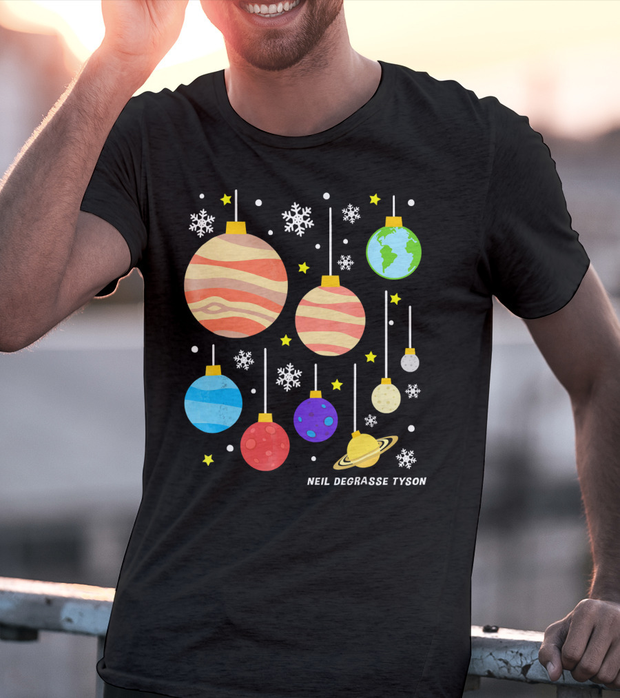 Neil DeGrasse Tyson Planets Hanging Ornaments Snowflakes Stars T-Shirt