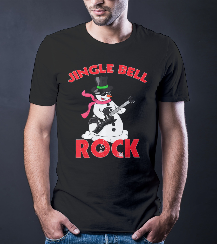 Jingle Bell Rock Snowman Playing Guitar With Top Hat And Scarf T-Shirt