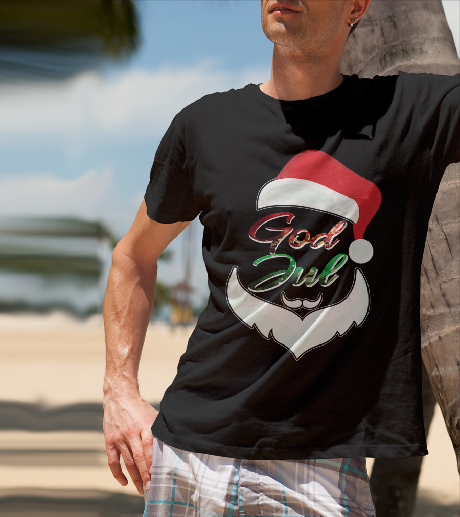 God Jul Norwegian Merry Christmas Santa Hat And Beard Design Norway T-Shirt