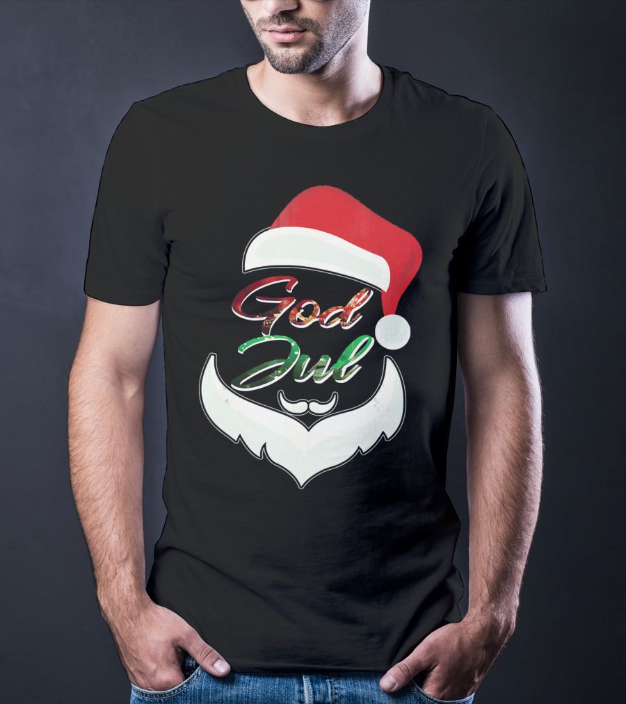 God Jul Norwegian Merry Christmas Santa Hat And Beard Design Norway T-Shirt