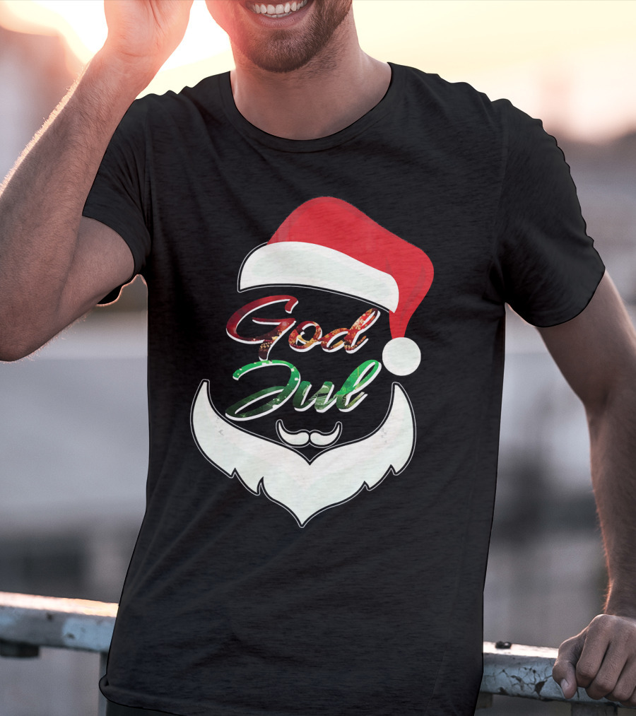 God Jul Norwegian Merry Christmas Santa Hat And Beard Design Norway T-Shirt