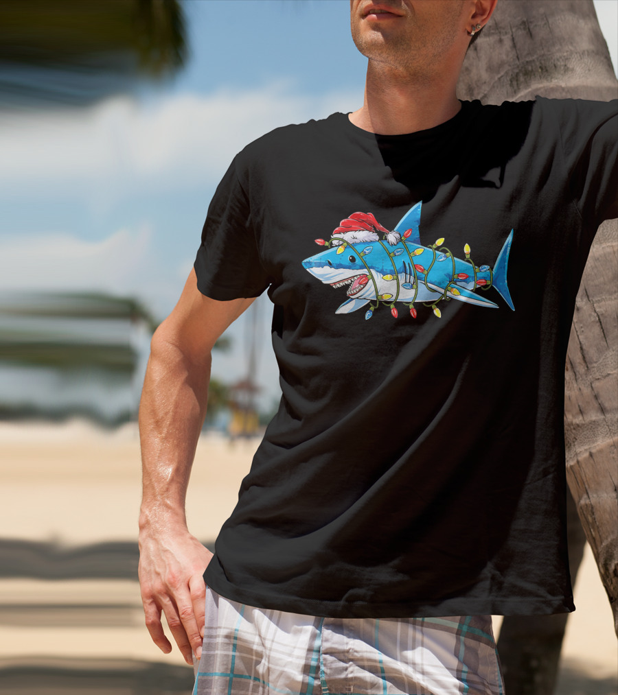 Christmas Shark With Santa Hat And Holiday Lights T-Shirt