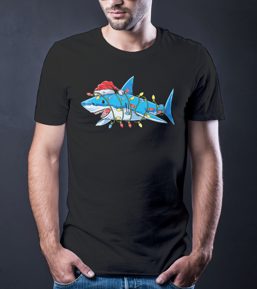 Christmas Shark With Santa Hat And Holiday Lights T-Shirt