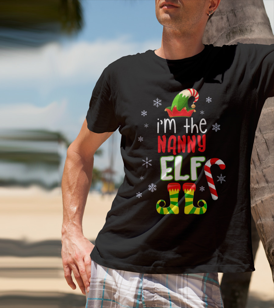 I'm The Nanny Elf Christmas Snowflakes Candy Cane Hat Boots T-Shirt