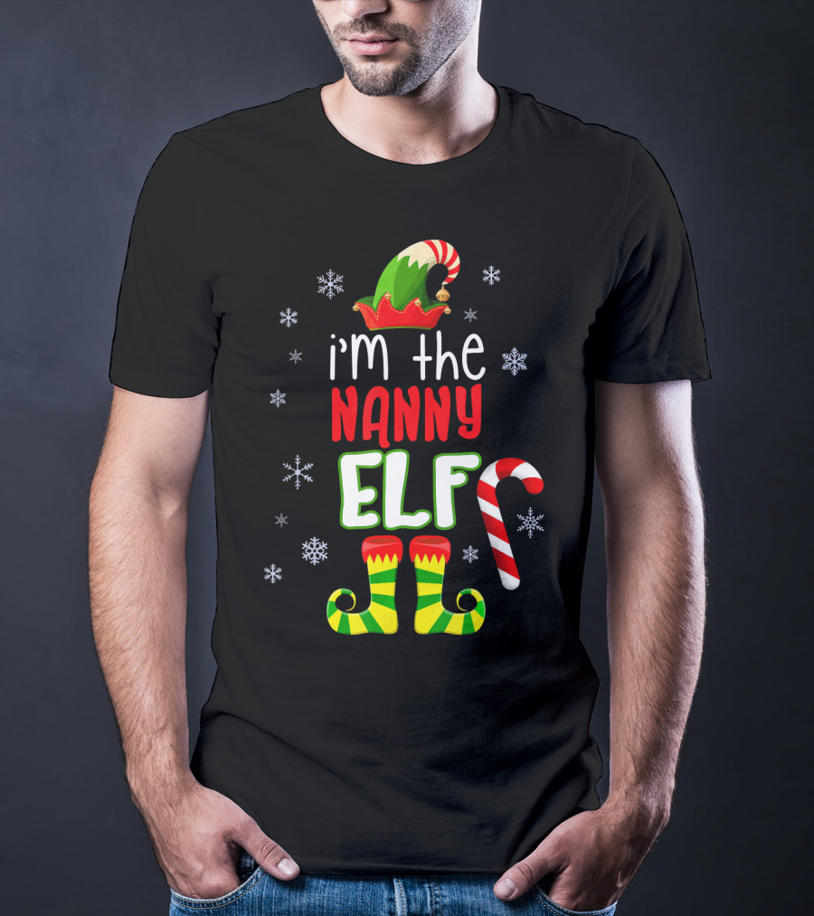 I'm The Nanny Elf Christmas Snowflakes Candy Cane Hat Boots T-Shirt