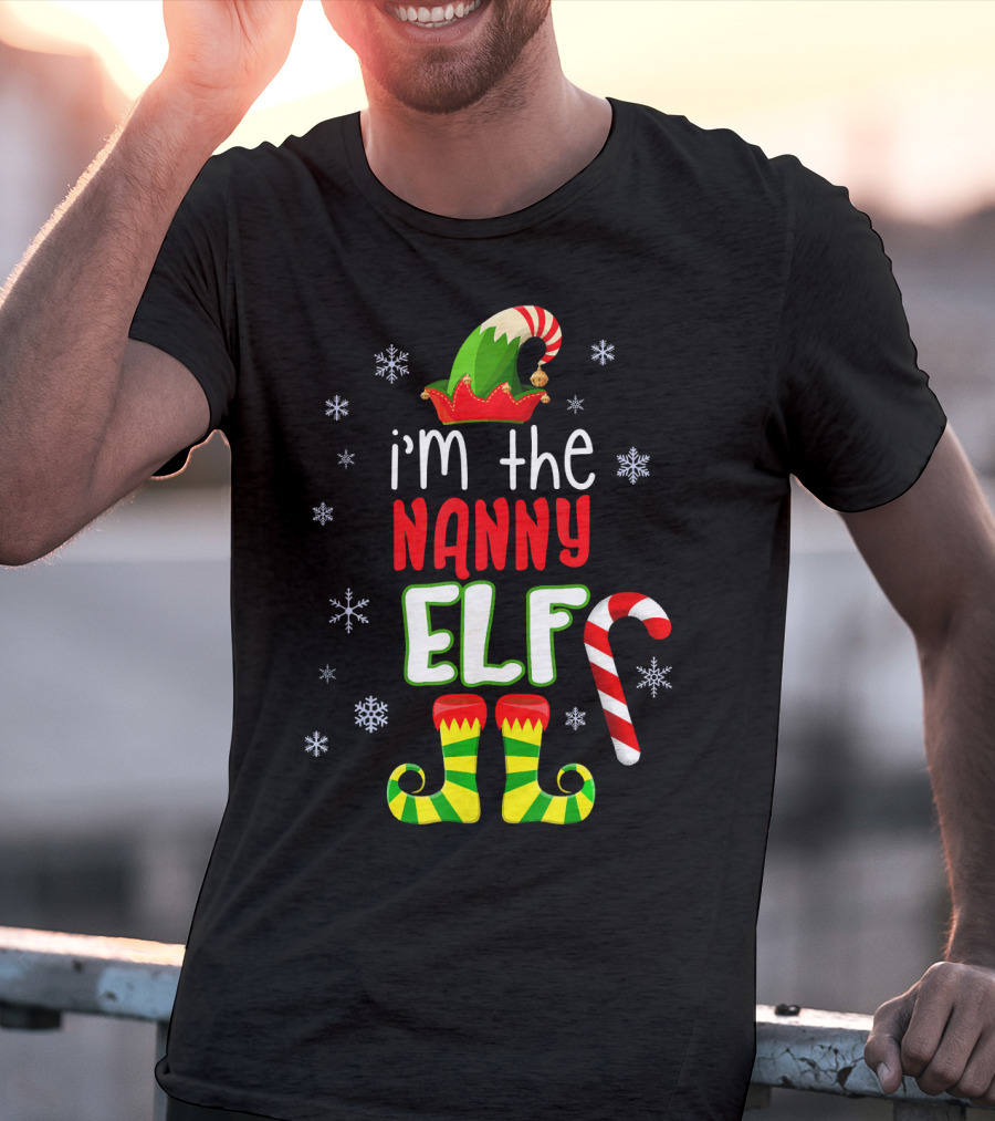 I'm The Nanny Elf Christmas Snowflakes Candy Cane Hat Boots T-Shirt