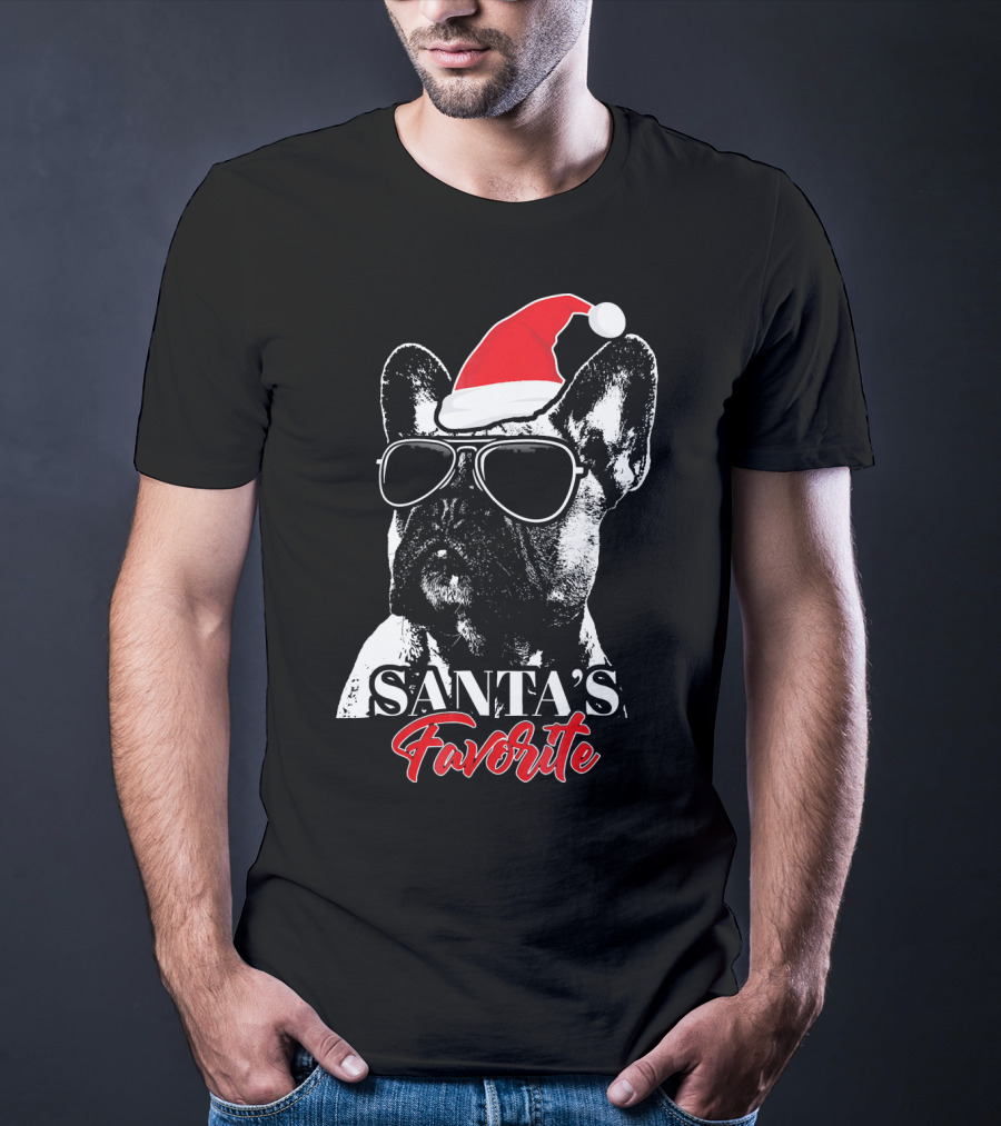 Santa's Favorite French Bulldog Wearing Sunglasses And Hat T-Shirt