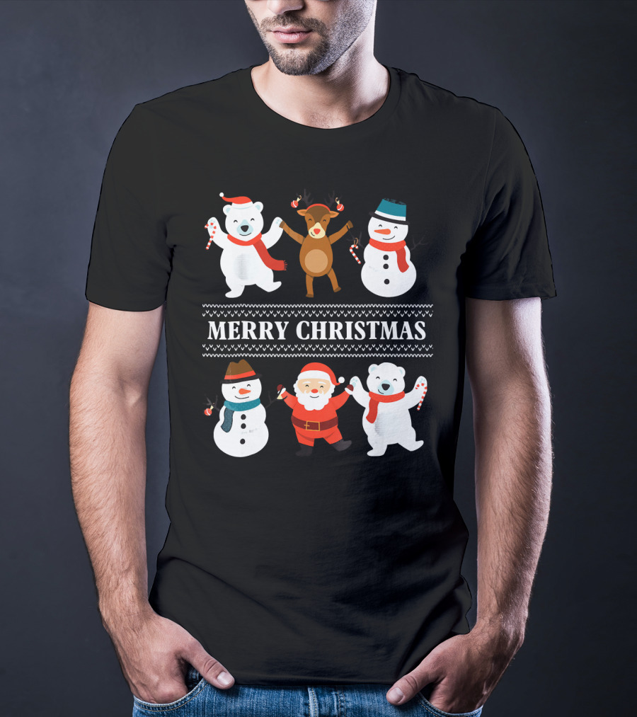 Merry Christmas Bears Snowmen Reindeer Santa Claus T-Shirt