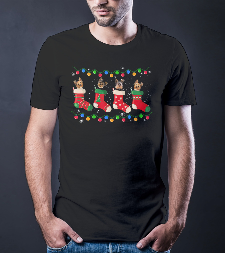 Christmas Yorkie Dogs In Festive Stockings With Holiday Lights T-Shirt