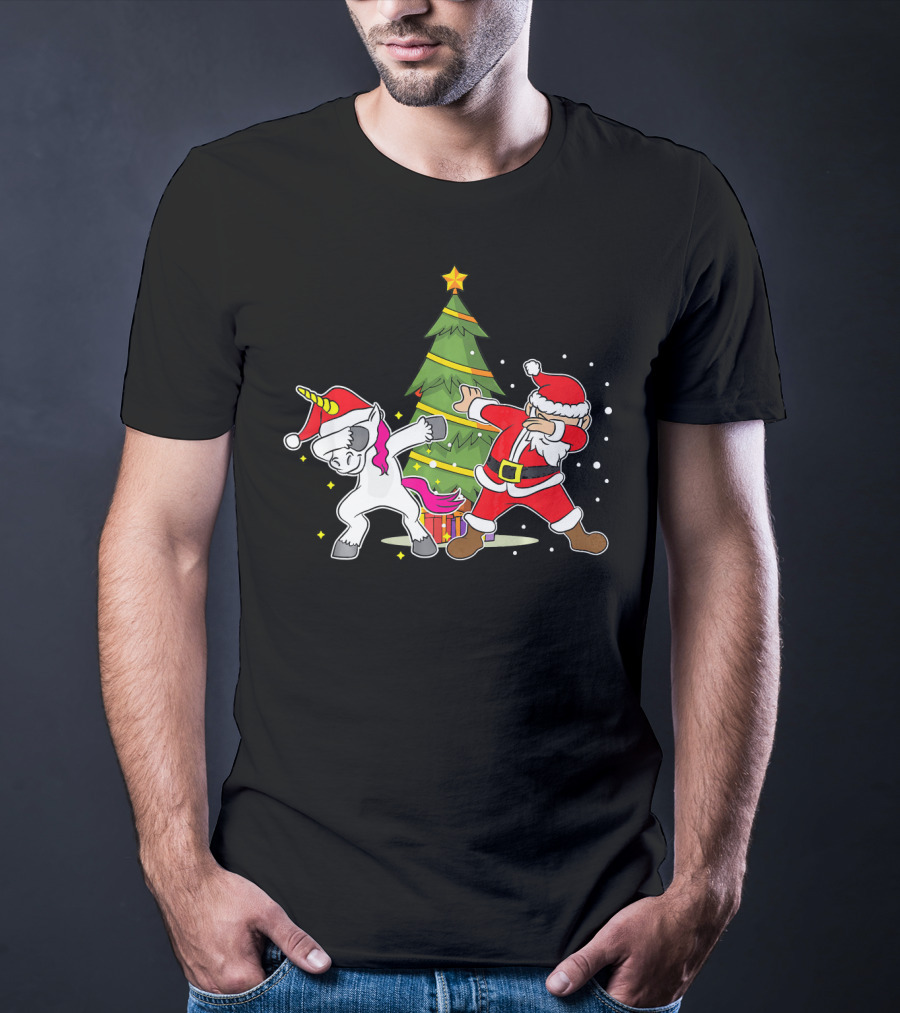 Dabbing Unicorn Xmas Christmas Santa Dance By Tree T-Shirt
