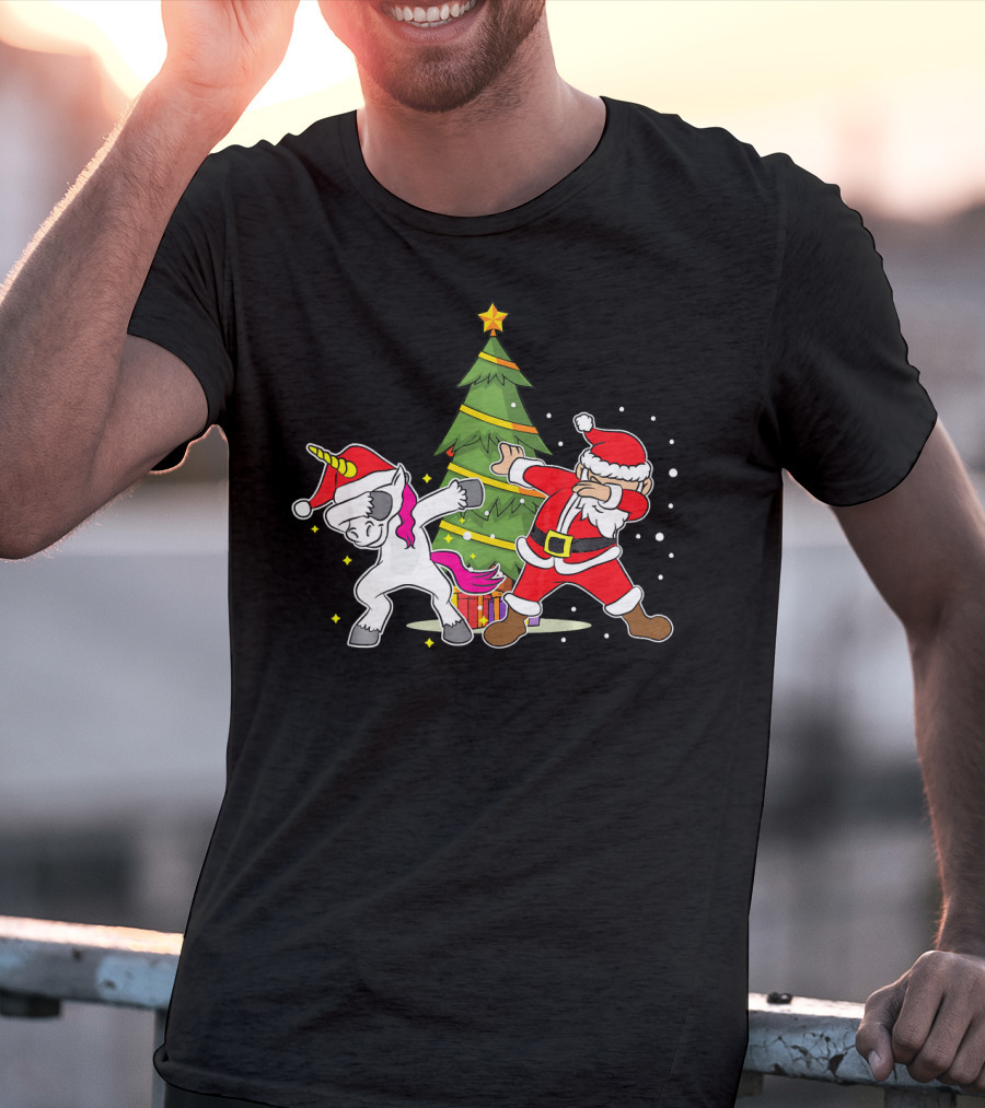Dabbing Unicorn Xmas Christmas Santa Dance By Tree T-Shirt