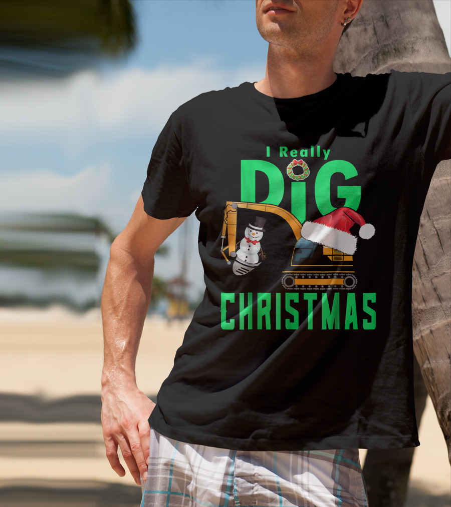 I Really Dig Christmas Snowman Santa Hat Excavator T-Shirt
