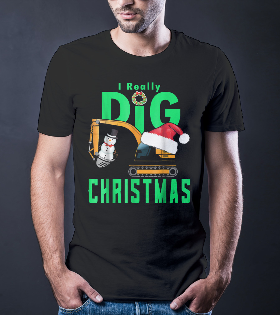 I Really Dig Christmas Snowman Santa Hat Excavator T-Shirt