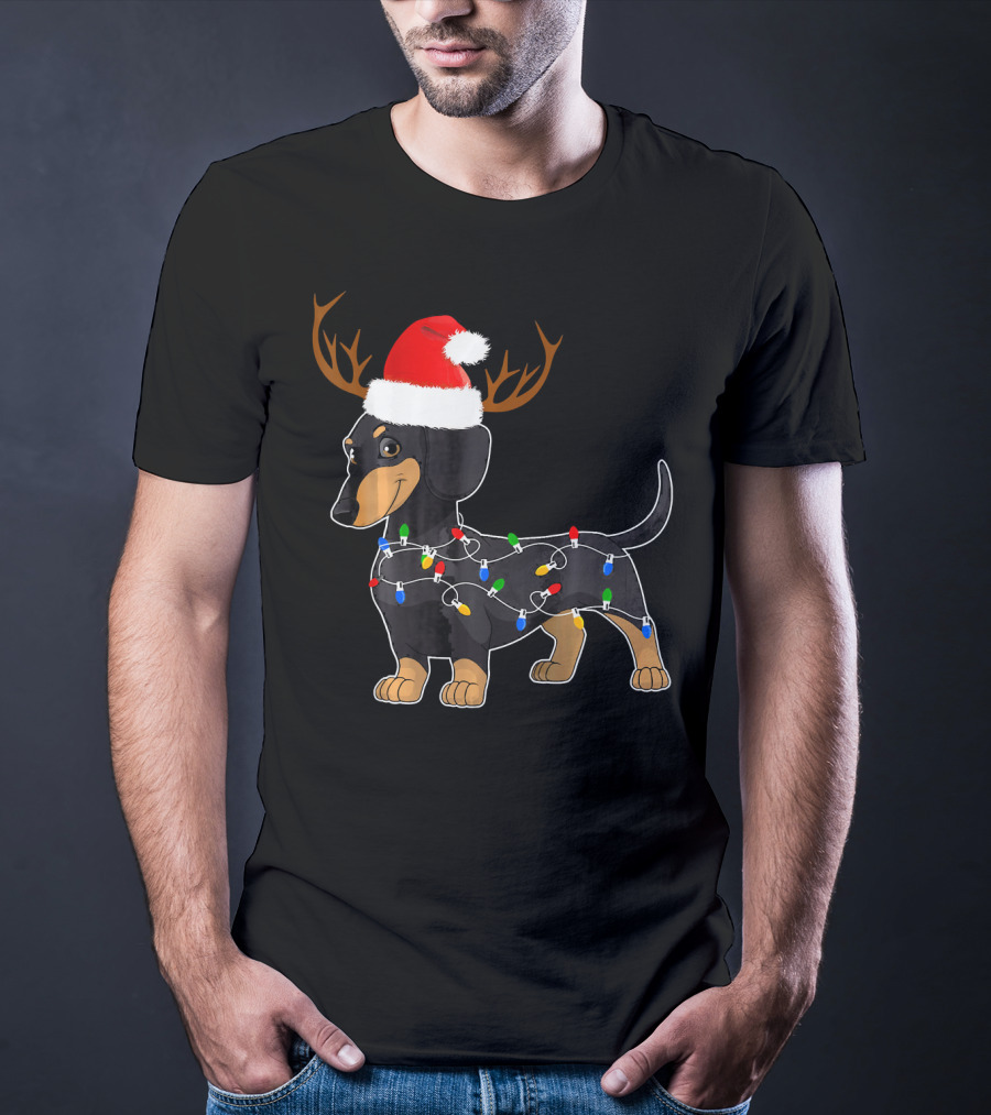 Dachshund Christmas Reindeer With Santa Hat And Holiday Lights T-Shirt