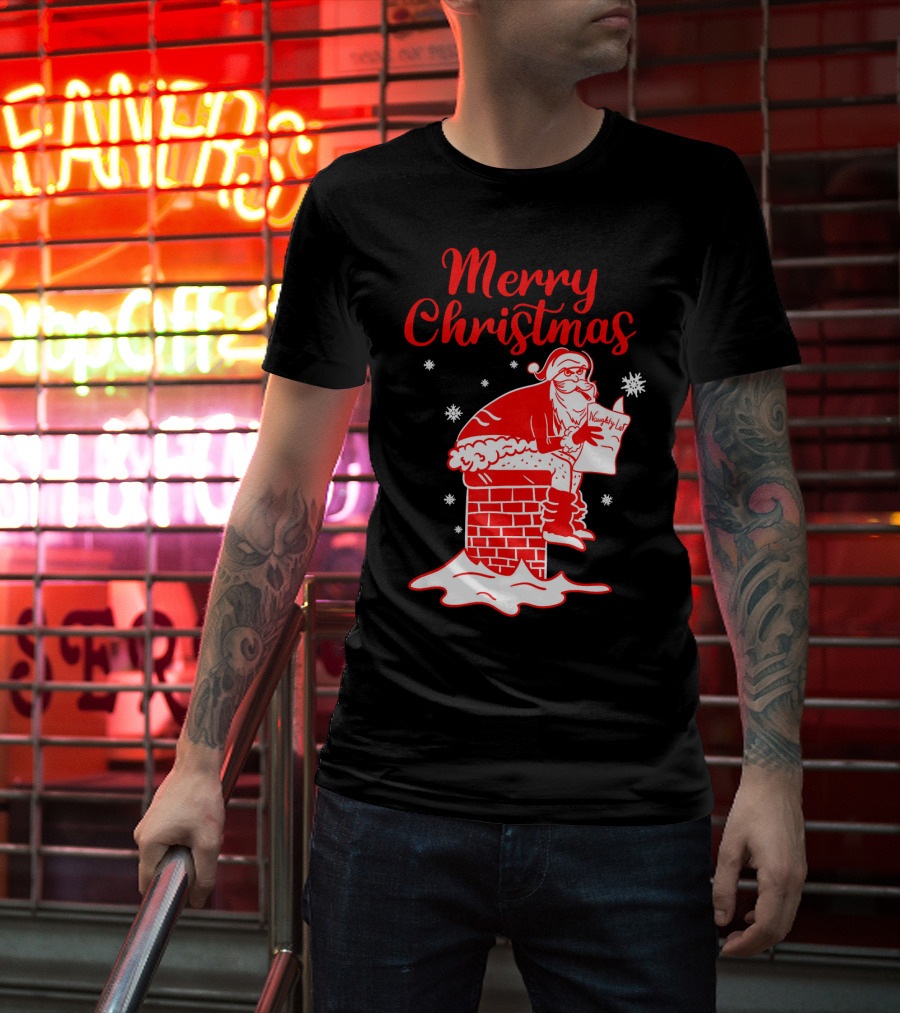 Merry Christmas Santa Pooping Naughty List Snowflakes Chimney T-Shirt