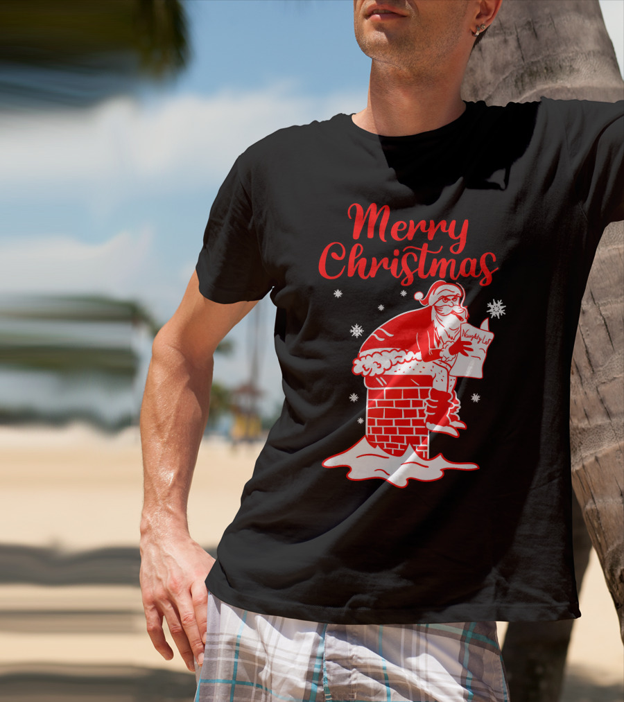 Merry Christmas Santa Pooping Naughty List Snowflakes Chimney T-Shirt