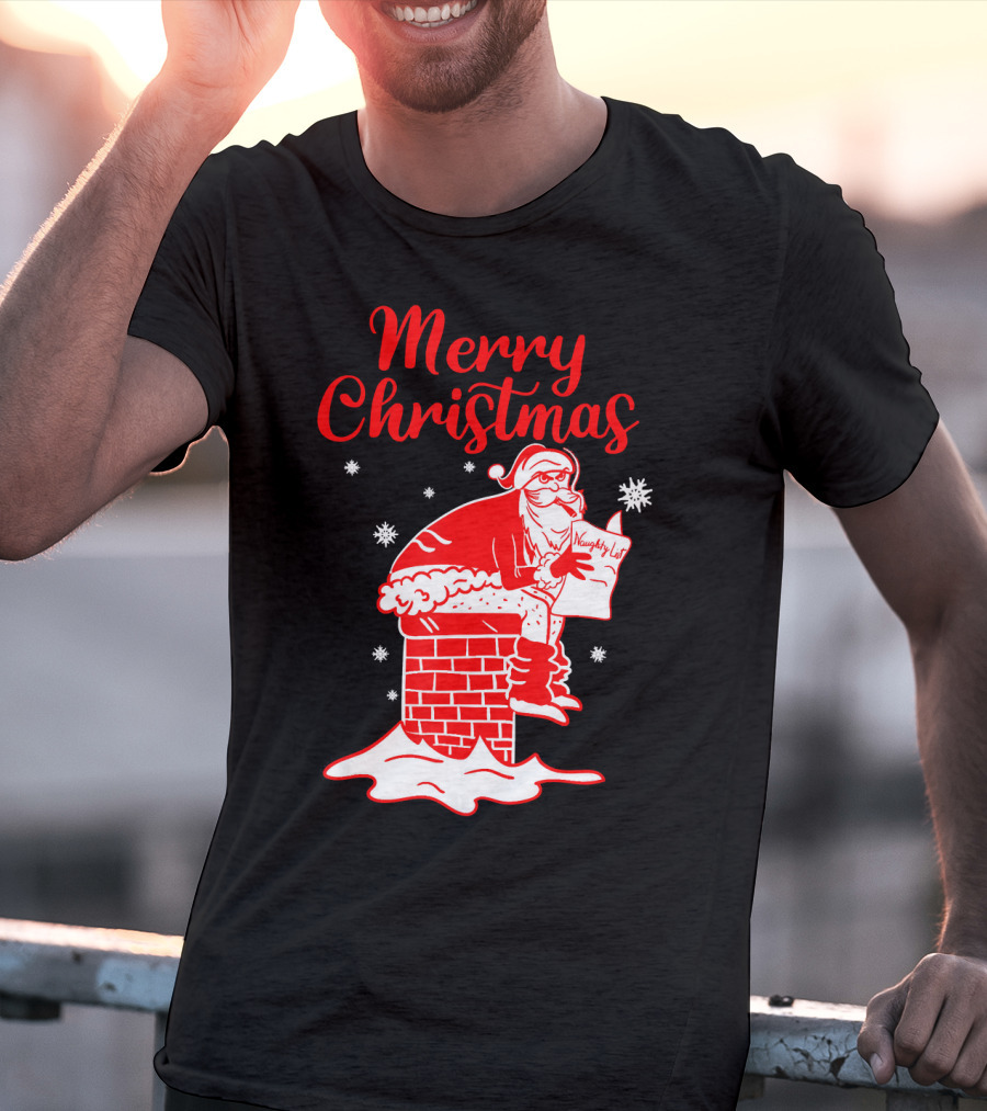 Merry Christmas Santa Pooping Naughty List Snowflakes Chimney T-Shirt