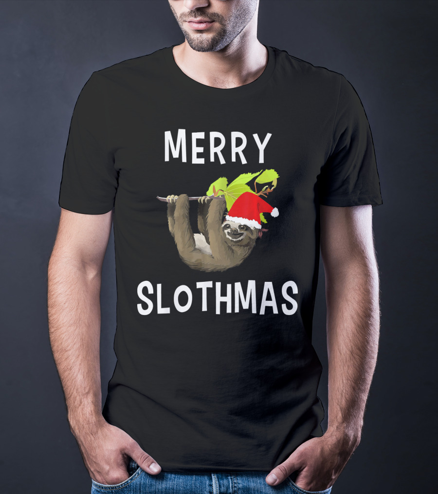 Merry Slothmas Hanging Sloth In Santa Hat With Leaves T-Shirt