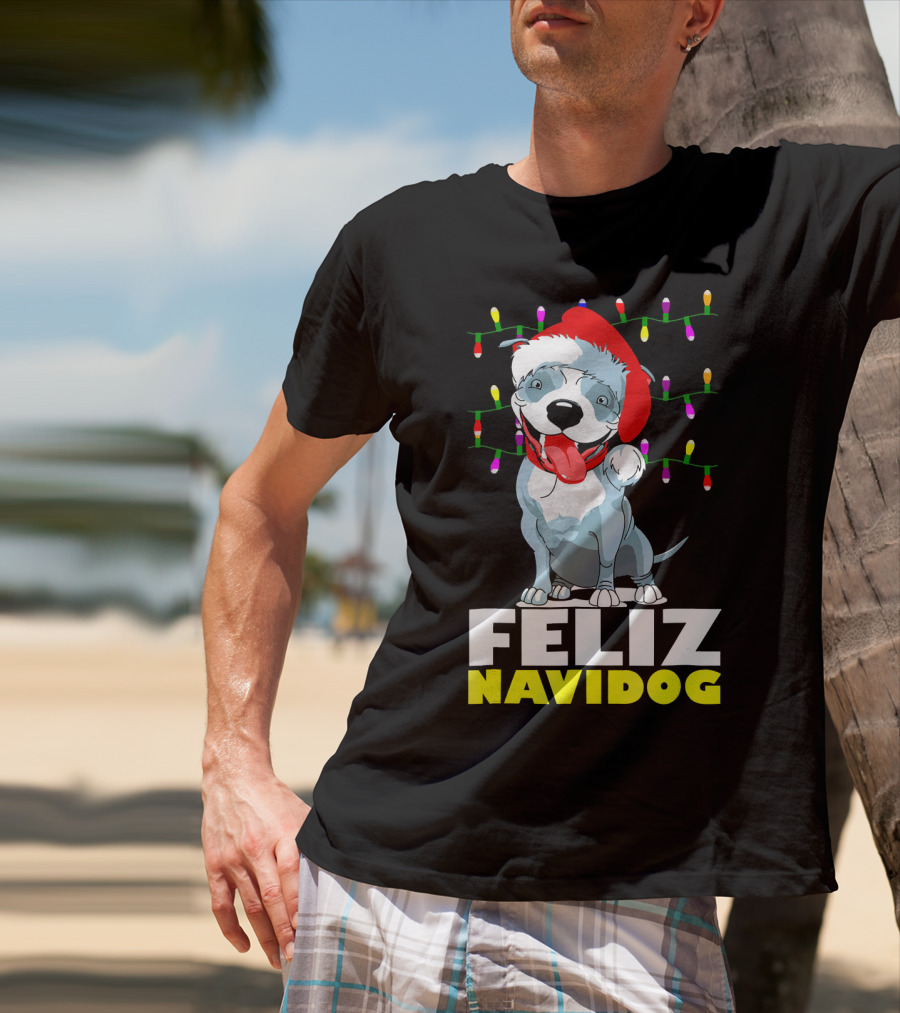 Feliz Navidog Pitbull In Santa Hat With Christmas Lights T-Shirt
