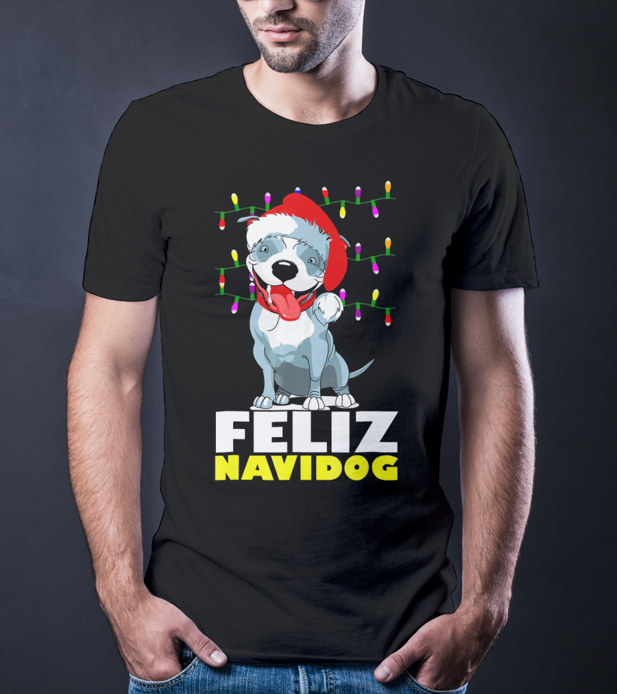 Feliz Navidog Pitbull In Santa Hat With Christmas Lights T-Shirt
