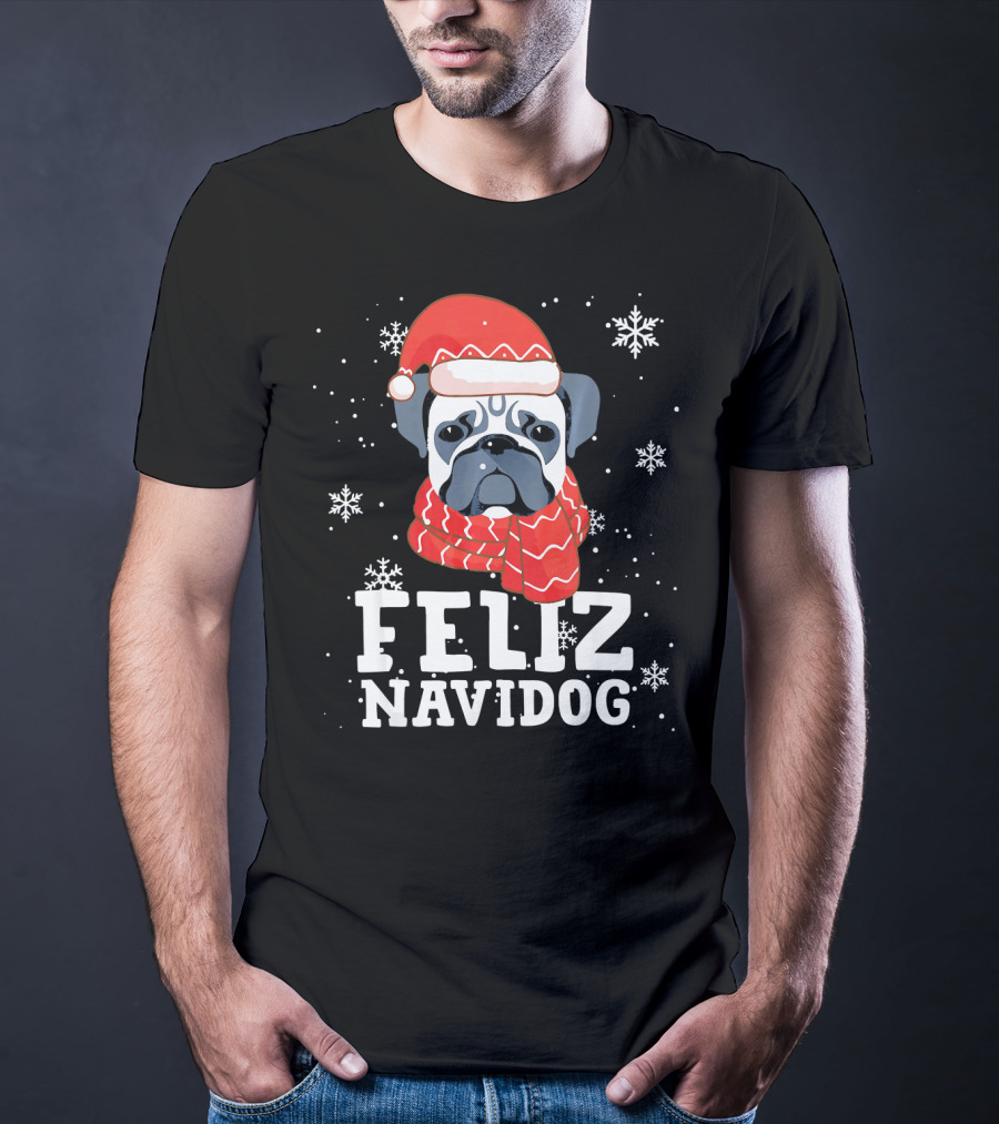 Feliz Navidog Pug Dog With Santa Hat And Scarf Snowflakes T-Shirt