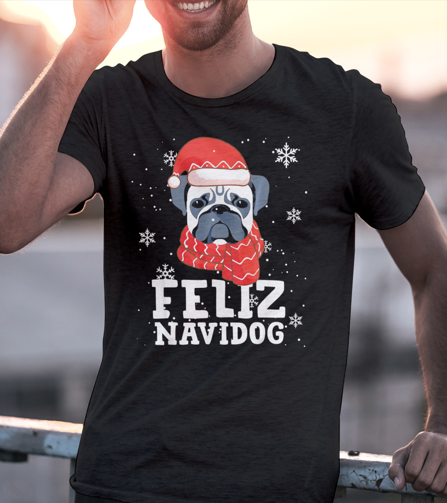 Feliz Navidog Pug Dog With Santa Hat And Scarf Snowflakes T-Shirt