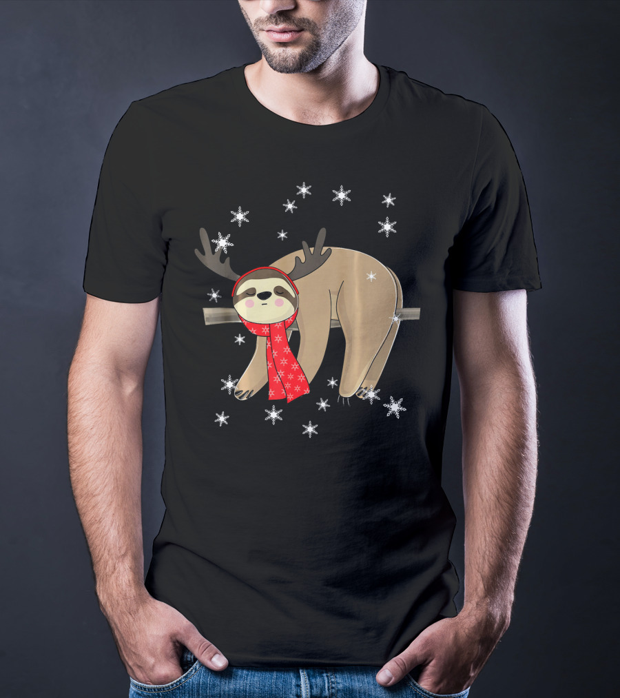 Funny Christmas Sloth Cute Sloth With Antlers And Red Scarf Surrounded By Snowflakes T-Shirt