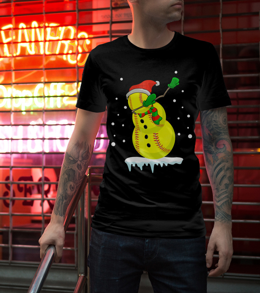 Dabbing Snowman Softball Christmas Fun T-Shirt