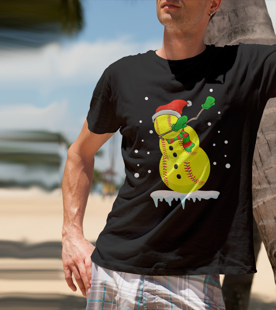 Dabbing Snowman Softball Christmas Fun T-Shirt
