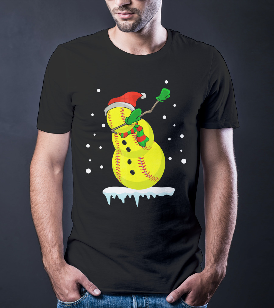 Dabbing Snowman Softball Christmas Fun T-Shirt