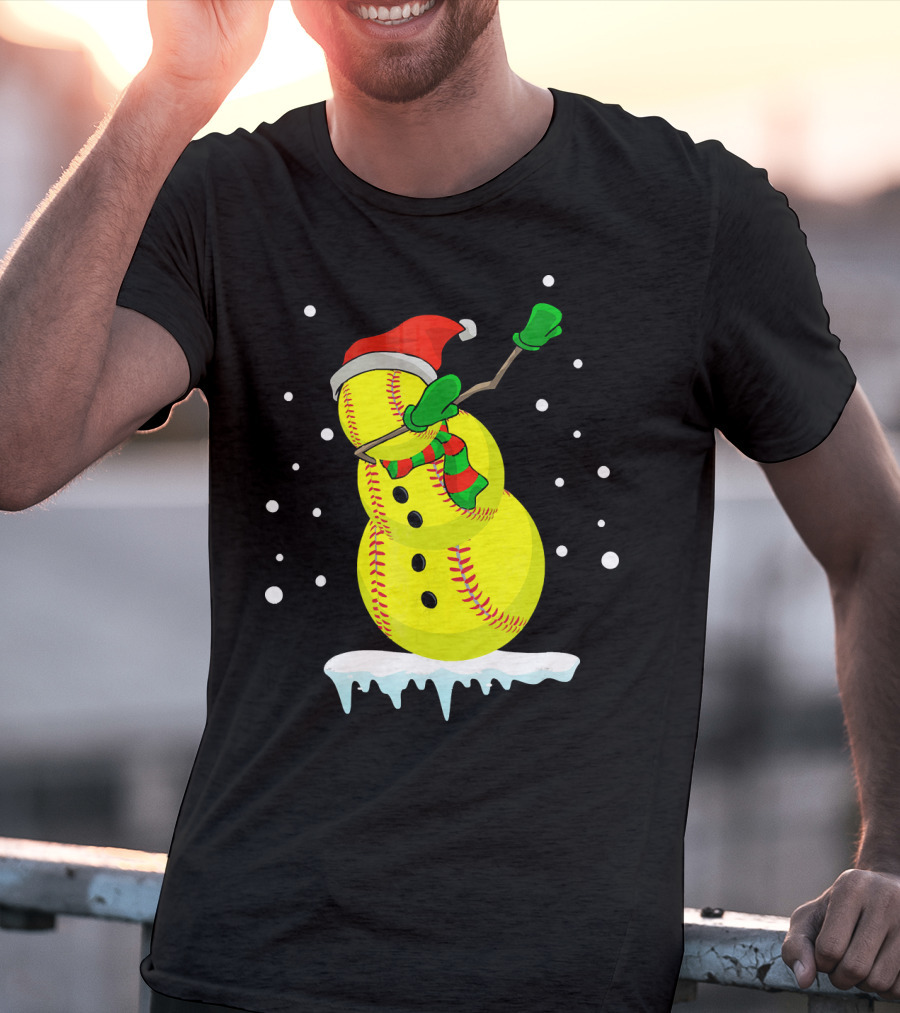 Dabbing Snowman Softball Christmas Fun T-Shirt