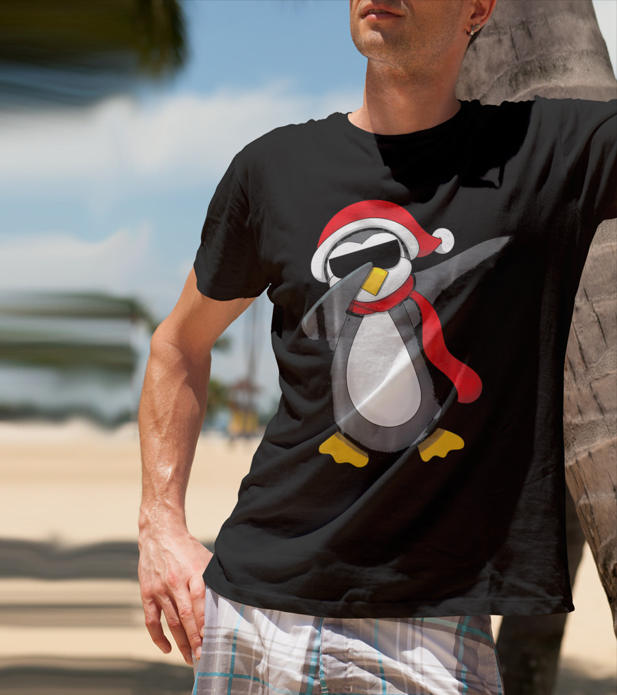 Dabbing Penguin Christmas Mornin Santa Hat Scarf Holiday Fun T-Shirt